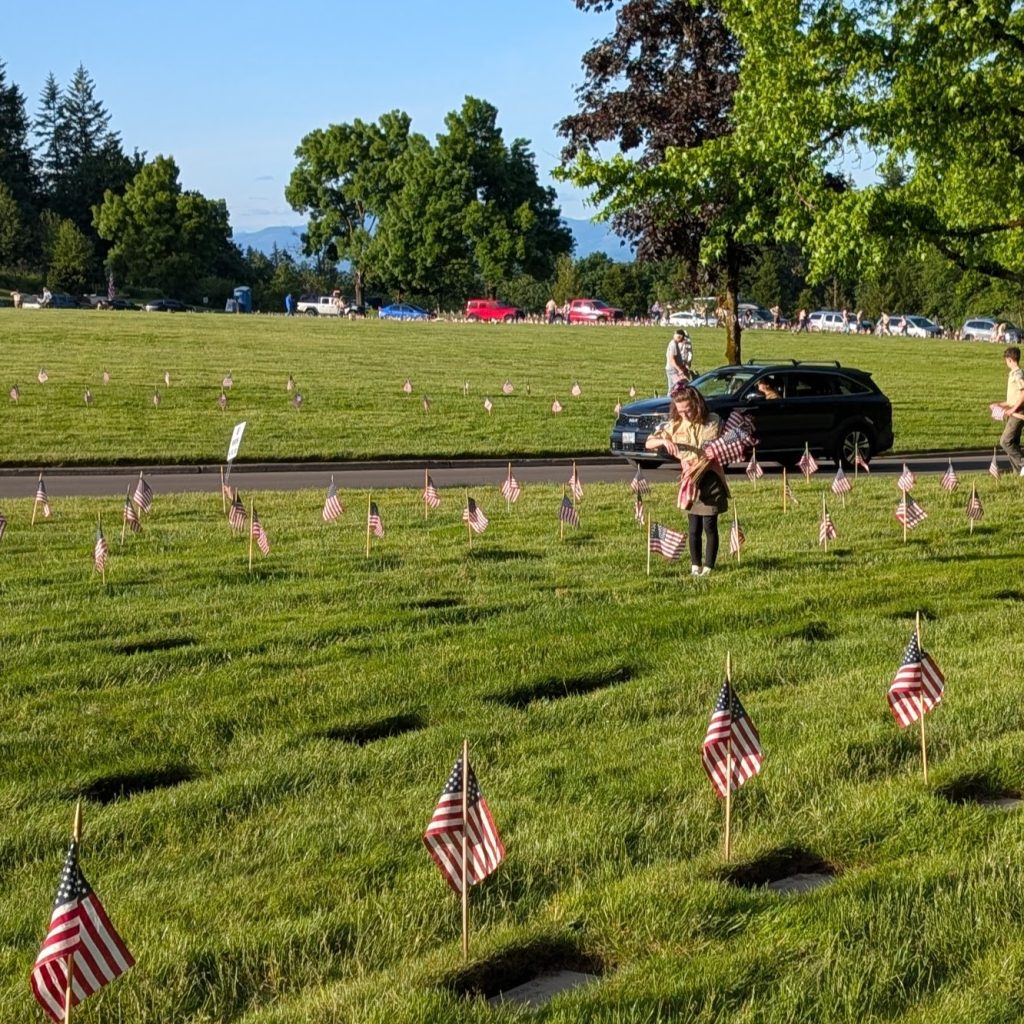 Scouts placing flags.